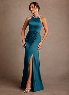 Azazie Lawrence Mother of the Bride Dresses Ink Blue A-Line Pleated Stretch Satin Dress image2