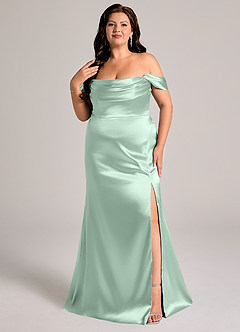 Azazie Saige Bridesmaid Dresses Agave Sheath Off the Shoulder Metallic Satin Convertible Dress image11