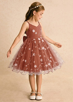 Azazie Junebug Blumenmädchenkleider Ballkleid Spaghetti Riemen Tüll Kleid Rotbraun image4
