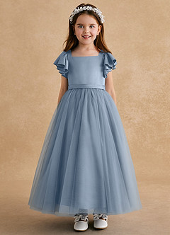 Azazie Suzy Final Sale Dusty Blue A-Line with Sleeves Tulle Dress image2