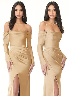 Azazie Hallie Vestidos de damas de honor Vestido de Oro de Satén Elástico de Corte Recto Convertible con Manga larga con hombros descubiertos image9