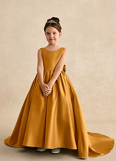 Azazie Mimia Blumenmädchenkleider A-Linie Schleifen Matte Satin Kleid Butterscotch image3
