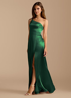 Azazie Trina Brautjungfernkleider A-Linie One-Shoulder Metallischer Satin Kleid Dunkelgrün image1