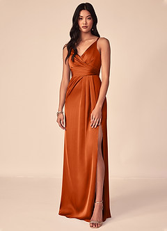 Azazie Aqua Bridesmaid Dresses Burnt Orange A-Line V-Neck Pleated Stretch Satin Dress image1