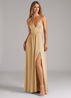 Azazie Aaida Bridesmaid Dresses Gold A-Line Corset Stretch Satin Dress image4