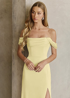 Azazie Saige Bridesmaid Dresses Lemon Sorbet Sheath Off the Shoulder Stretch Satin Dress image2