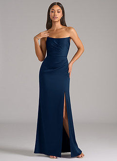 Azazie Marla Vestidos de damas de honor Vestido de Azul Marino Oscuro de Satén Elástico de Corte Recto Convertible con Sin tirantes image3