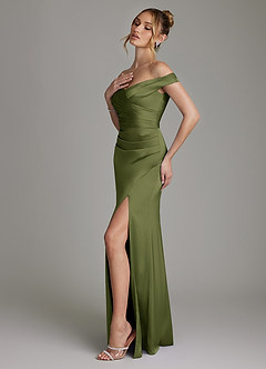 Azazie Teyana Bridesmaid Dresses Olive Sheath Off the Shoulder Stretch Satin Dress image6