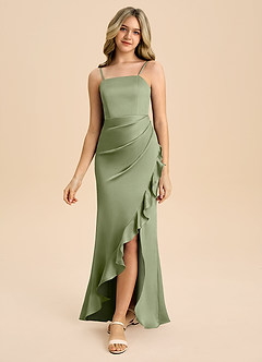 Azazie Buzzy Junior Pistachio Sheath Pleated Stretch Satin Dress image5