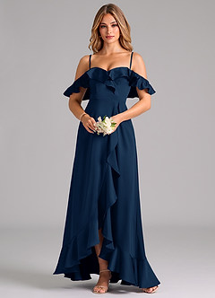Azazie Lyra Bridesmaid Dresses Dark Navy A-Line Off the Shoulder Stretch Satin Convertible Dress image5
