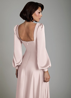 Azazie Solana At-home Try On Dresses Blushing Pink A-Line Long Sleeve Stretch Satin Dress image4