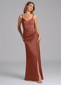 Azazie Leo Final Sale Auburn Sheath Pleated Stretch Satin Dress image4