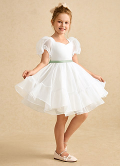 Azazie Debbie Robe Demoiselle D'honneur Fillette Robe Princesse en Organza Encolure en Forme de Cœur Ivoire Sauge Poussiéreuse image5