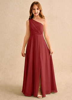 Azazie Puddles Girls Formal Robe Demoiselle D'honneur Fillette Robe Trapèze en Mousseline de soie Une épaule Rouille image6
