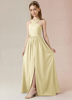 Azazie Jiya Junior Lemon Sorbet A-Line Pleated Stretch Satin Dress image1