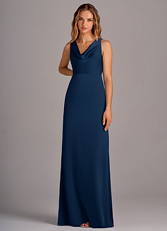 Azazie Wrenlee Vestidos de damas de honor Vestido de Azul Marino Oscuro de Satén Elástico de Corte en A image6
