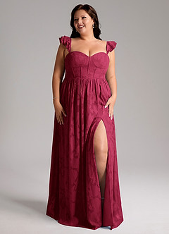 Azazie Denisse Abiti da Damigella Abito A-Line in Burnout Floreale Increspato Borgogna image3