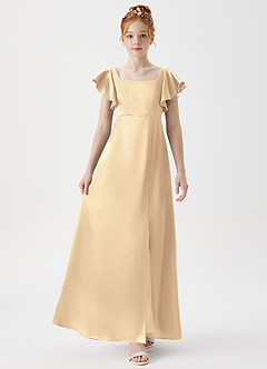Azazie Bondi Junior Gold A-Line Side Slit Metallic Satin Dress image4