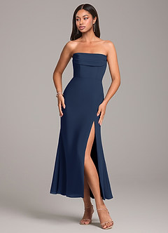 Azazie Saige Bridesmaid Dresses Dark Navy Sheath Off the Shoulder Chiffon Convertible Dress image6