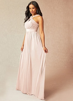 Azazie Hillian Bridesmaid Dresses Blushing Pink A-Line Halter Pleated Mesh Dress image3