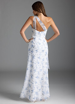 Azazie Maive Bridesmaid Dresses Blue Cottage Floral Sheath Pleated Ruffle Chiffon Dress image5