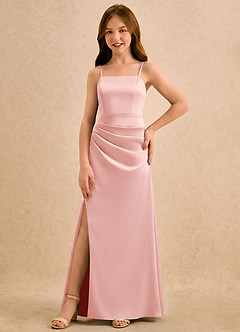 Azazie Cannoli Girls Formal Flower Girl Dresses Powder Pink A-Line Pleated Stretch Satin Dress image5