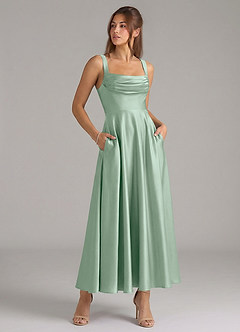 Azazie Shaude Bridesmaid Dresses Agave A-Line Pleated Stretch Satin Dress image3