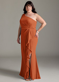 Azazie Liza Jurken voor bruidsmeisjes Jurk van Chiffon met Zeemeermin One-Shoulder Verbrande Sinaasappel image8