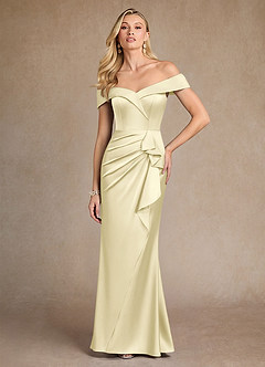 Azazie Laredo Mother of the Bride Dresses Lemon Sorbet Mermaid Off the Shoulder Stretch Satin Dress image3