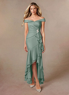 Azazie Billings Mother of the Bride Dresses Silver Sage Mermaid Off the Shoulder Stretch Satin Dress image6