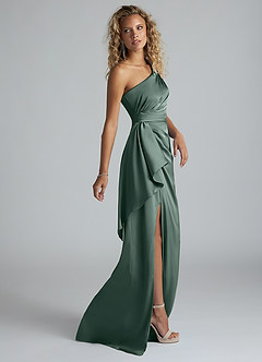 Azazie Maive Bridesmaid Dresses Sea Moss Sheath Ruched Stretch Satin Dress image4