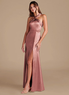 Azazie Rue Bridesmaid Dresses Dusty Rose Sheath Pleated Metallic Satin Dress image5