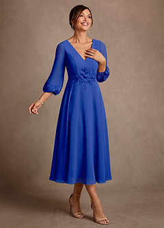 Azazie Ana 신부의 어머니 드레스 A라인 레이스 쉬폰 티 길이 드레스 image2