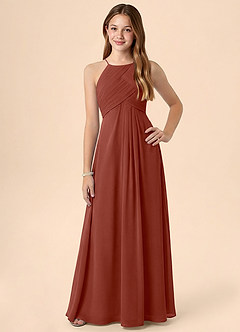 Azazie Ginny Junior Jurk van Chiffon met A-Lijn Geplooid Kastanjebruin image1