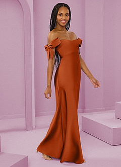 Barbie ♥ Azazie Bridesmaid Dresses Burnt Orange Sheath Off the Shoulder Stretch Satin Convertible Dress image7