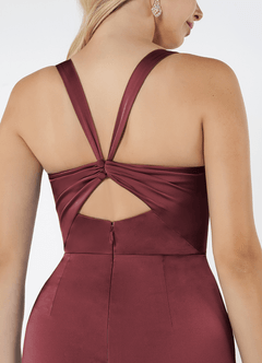 Azazie Mero Bridesmaid Dresses Merlot Sheath Pleated Stretch Satin Dress image5