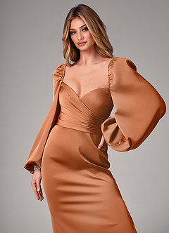 Azazie Sonata Bridesmaid Dresses Copper Sheath Long Sleeve Stretch Satin Convertible Dress image6