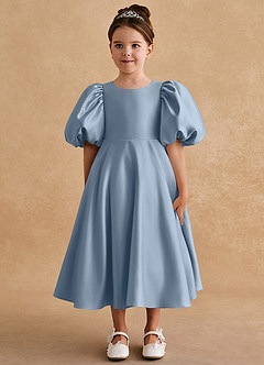Azazie Sugarplum Flower Girl Dresses Dusty Blue A-Line with Sleeves Matte Satin Dress image3