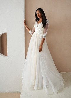 Azazie Sandoval Wedding Dresses Diamond White Champagne A-Line Lace Tulle Dress image3