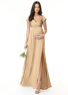 Azazie Allessia Vestidos de dama de honra para maternidade Vestir Linha A Plissado Comprimento do chão Cetim elástico image1
