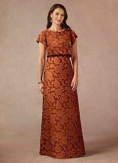 Azazie Lehi vestidos de madre de la novia Vestido de Naranja Quemada de Devorado Floral de Corte en A con Cuello de barco image3