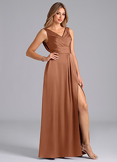 Azazie Karina Robes de demoiselle d'honneur Robe Trapèze en Satin extensible Plissée Bronze image5