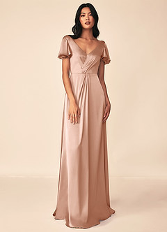 Azazie Soren Bridesmaid Dresses Rose Gold A-Line Pleated Stretch Satin Dress image1