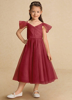 Azazie Lizzette Flower Girl Dresses Pomegranate A-Line Ruched Tulle Dress image6