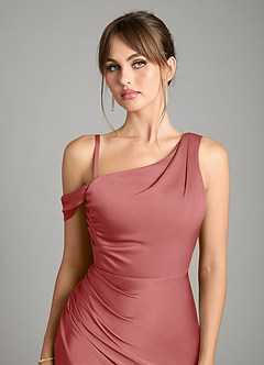 Azazie Madelyn Vestidos de damas de honor Vestido de Rosa Antigua de Satén Elástico de Corte Sirena Convertible con Hombro unilateral image10