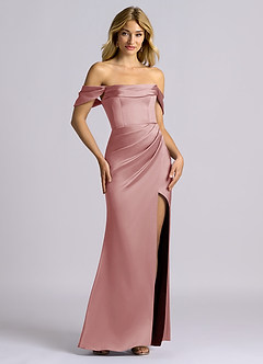 Azazie Auden Bridesmaid Dresses Dusty Rose Sheath Off the Shoulder Stretch Satin Convertible Dress image7