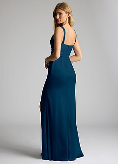 Azazie Elida Bridesmaid Dresses Dark Navy Sheath Pleated Stretch Satin Dress image2