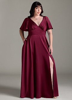 Azazie Kimber Bridesmaid Dresses Burgundy A-Line Ruched Stretch Satin Dress image9