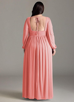 Azazie Norah Bridesmaid Dresses Coral A-Line V-Neck Long Sleeve Chiffon Dress image7