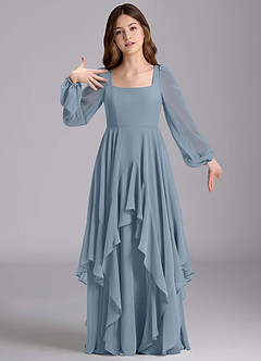 Azazie Clara Junior Jurk van Chiffon met A-Lijn Blouson Stoffig Blauw image6